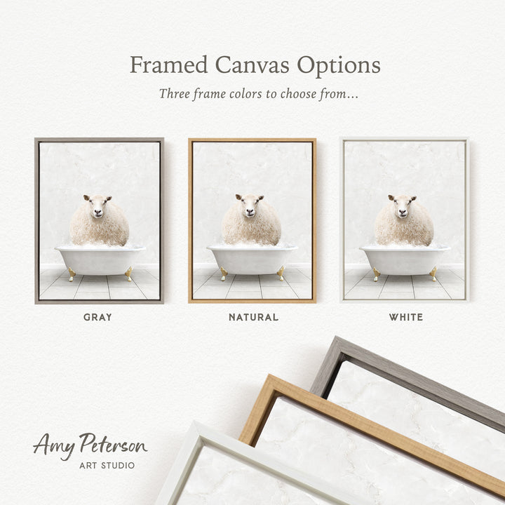 three framed canvas options featuring a sheep in a bathtub, with each option having a different frame color: gray, natural, and white.