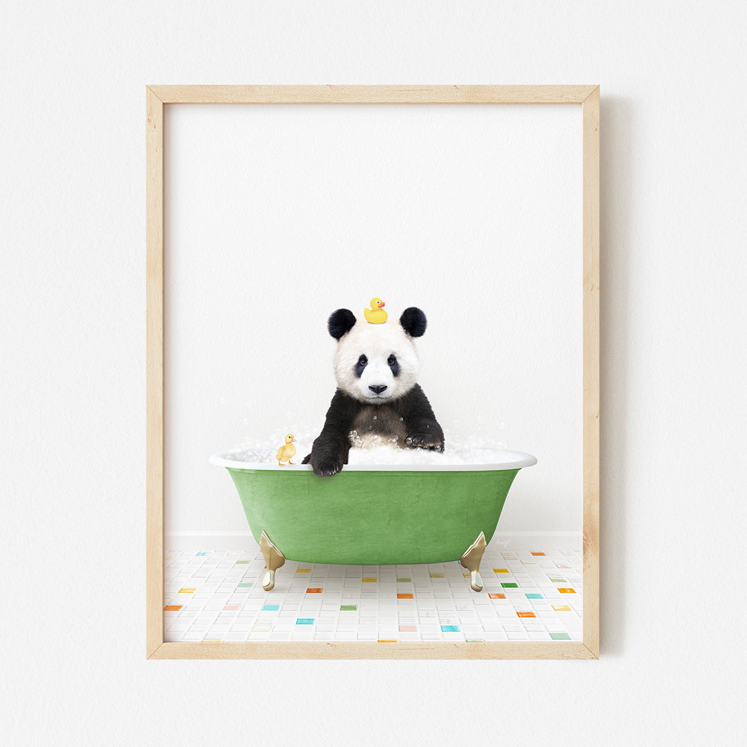 a panda bear sitting in a green bath tub