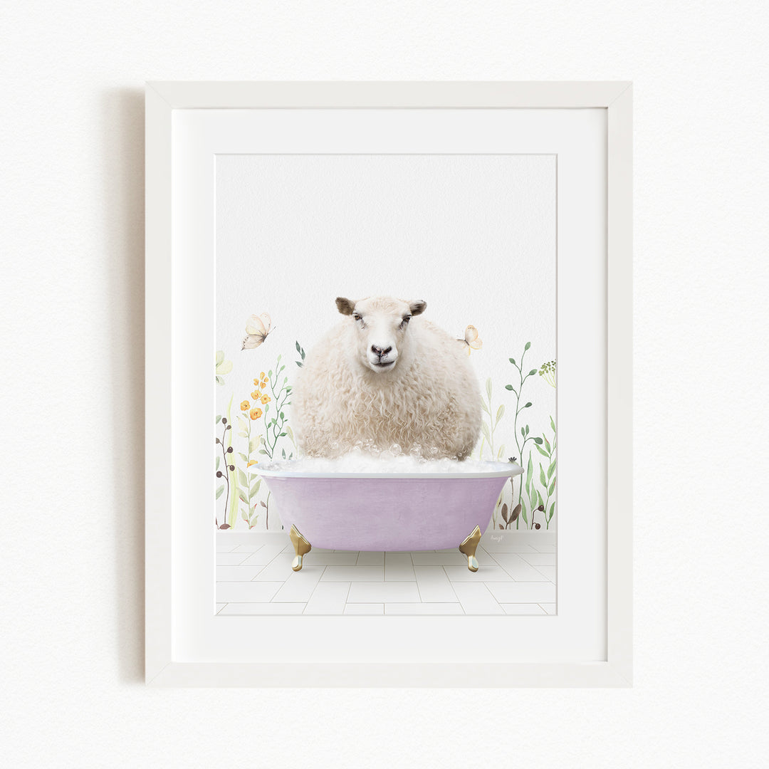 A fluffy white sheep sits in a purple bathtub, surrounded by flowers and butterflies, creating a whimsical and charming scene.