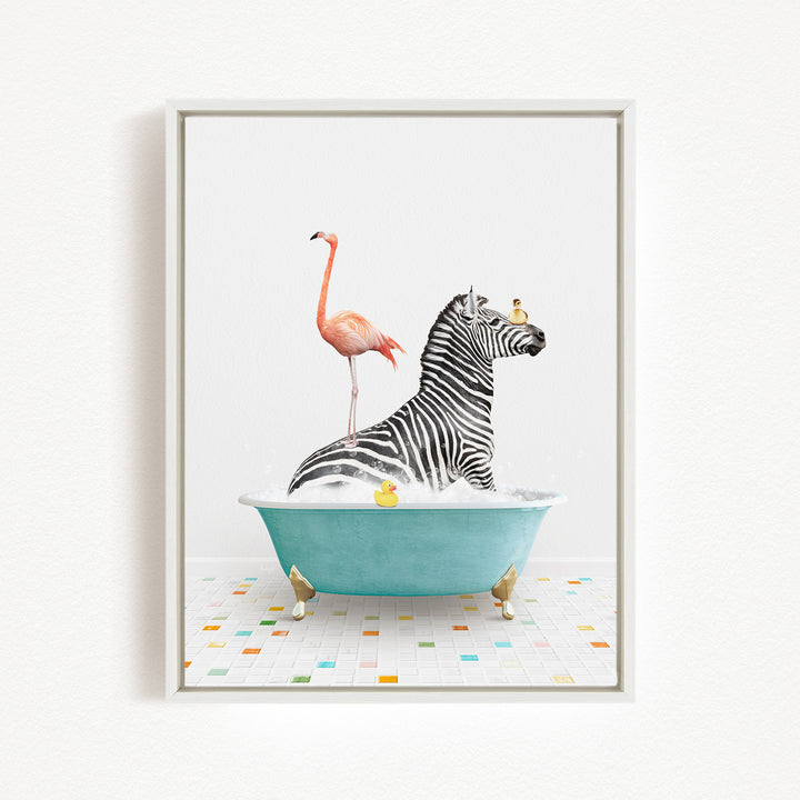 A zebra is sitting in a bathtub filled with bubbles, with a pink flamingo standing on one leg and a yellow rubber duck floating nearby.