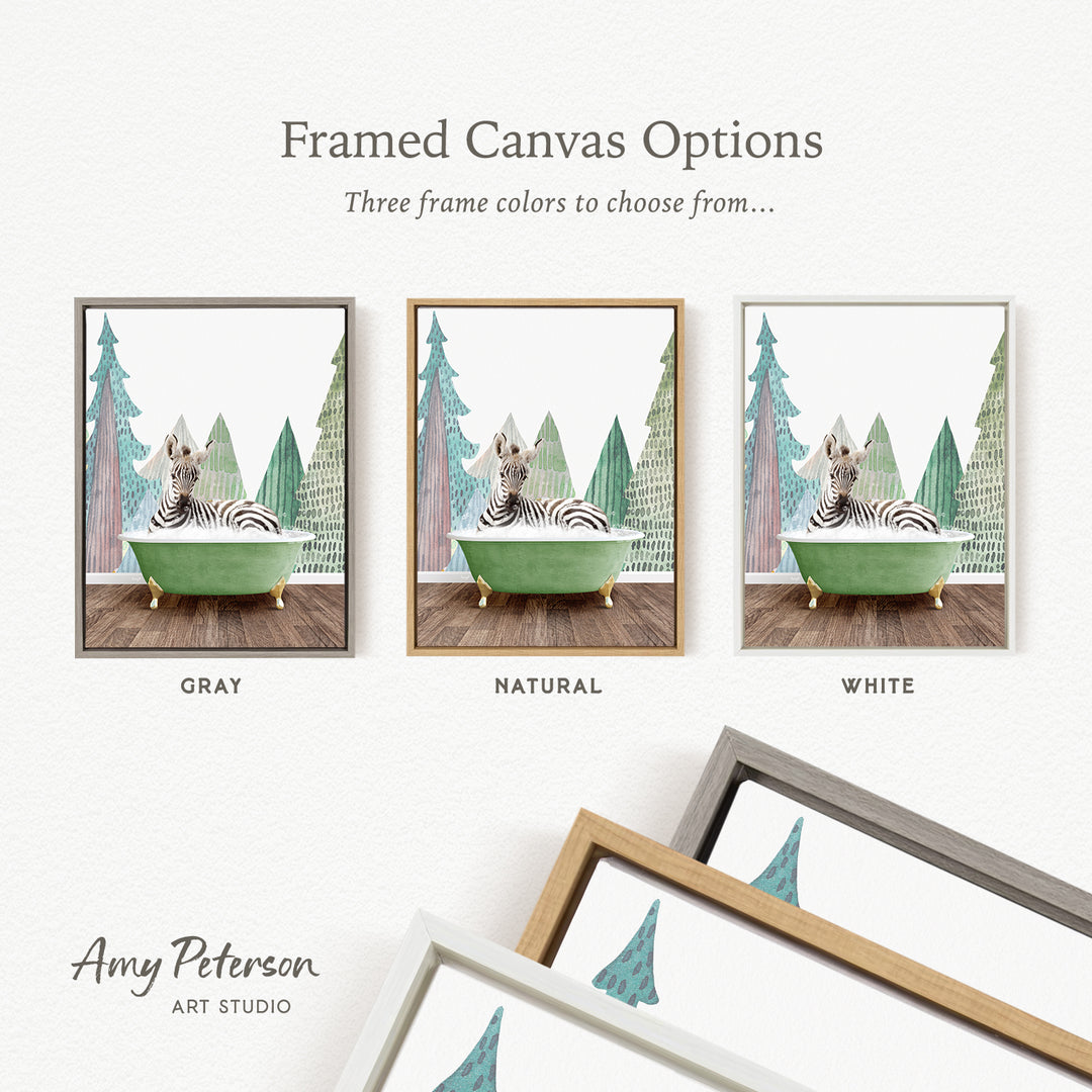 The image is a framed canvas option featuring a zebra sitting in a bathtub surrounded by trees. There are three different frame colors to choose from: gray, natural, and white.