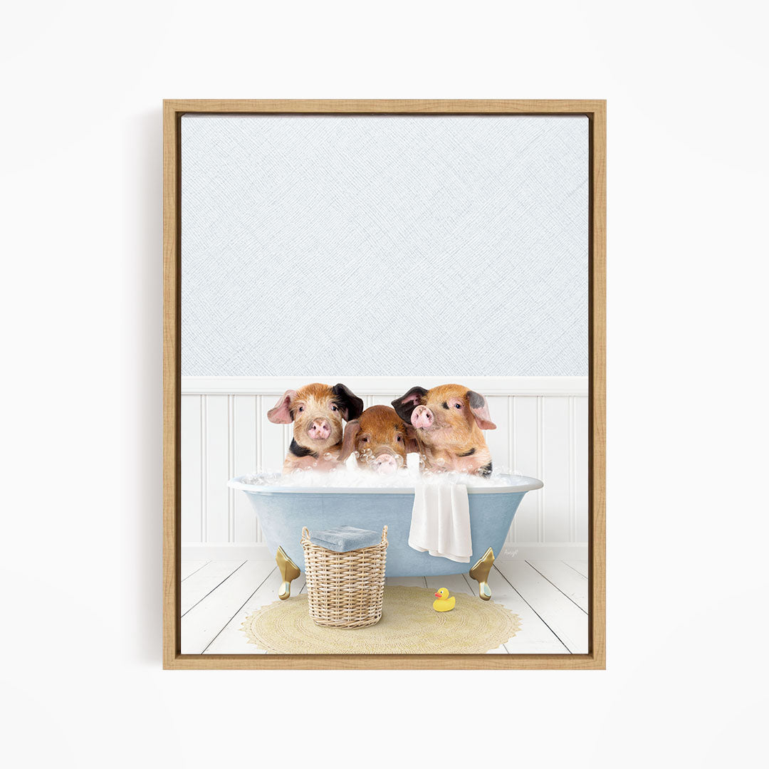 Three adorable pigs sitting in a blue bathtub, enjoying a relaxing bath together.