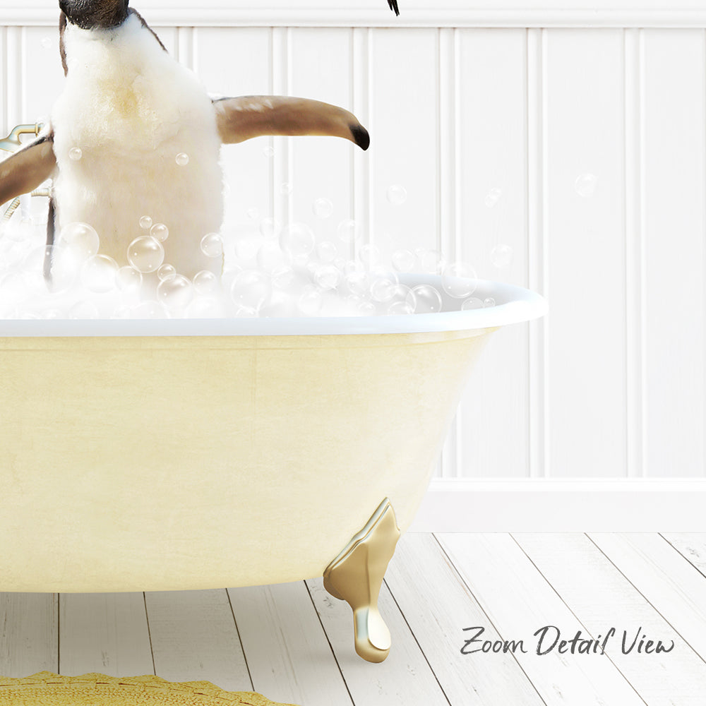 A penguin standing in a bathtub filled with bubbles, enjoying a bath.