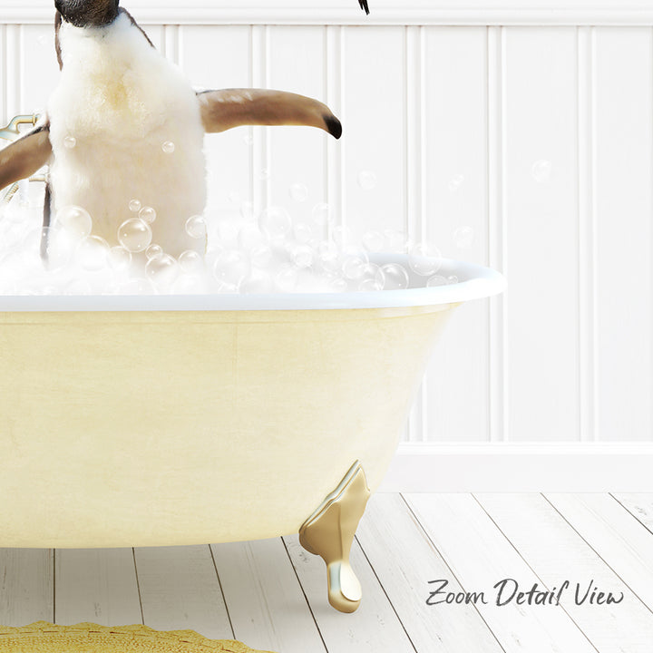A penguin standing in a bathtub filled with bubbles, enjoying a bath.