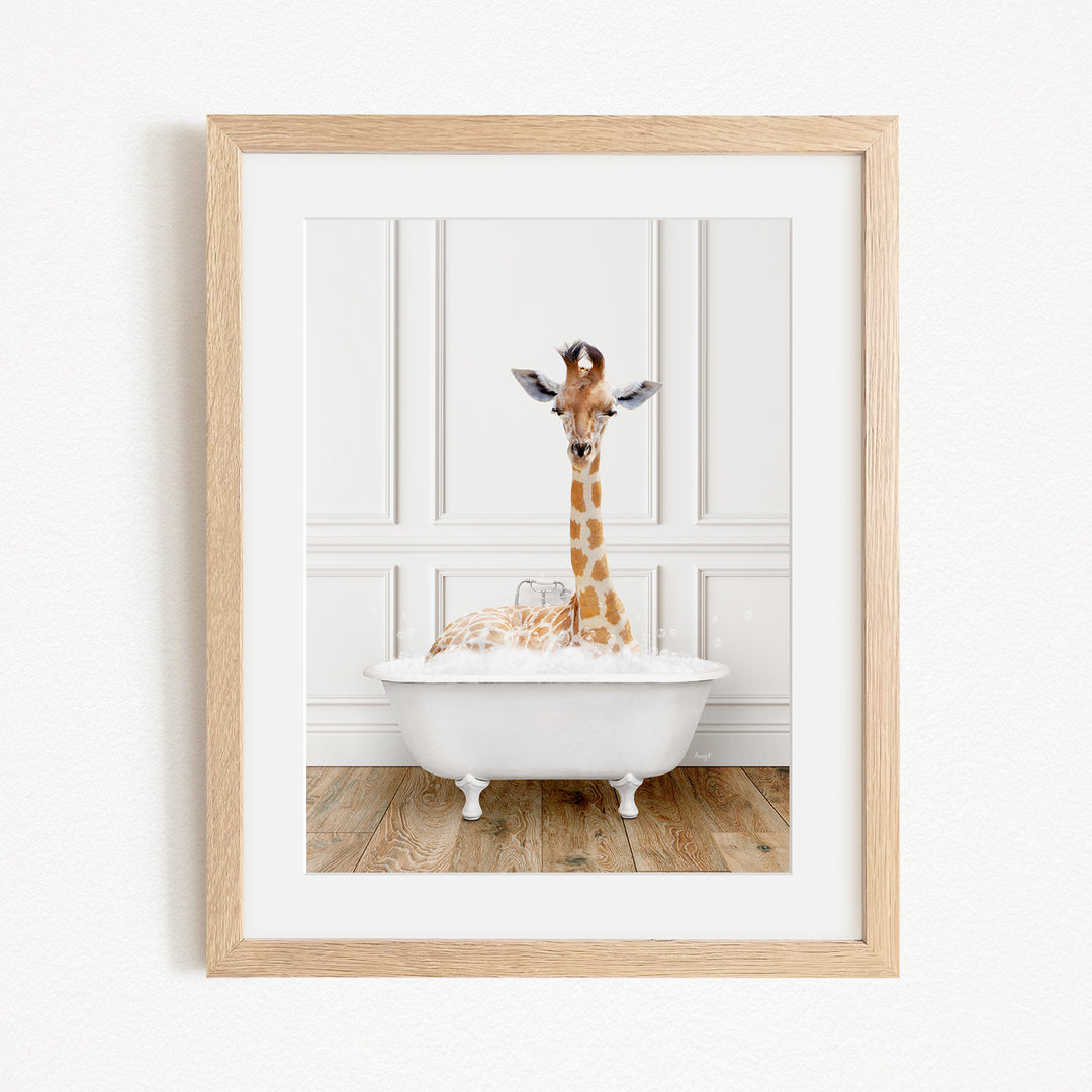A giraffe sitting in a white bathtub filled with water, creating a whimsical and playful scene.