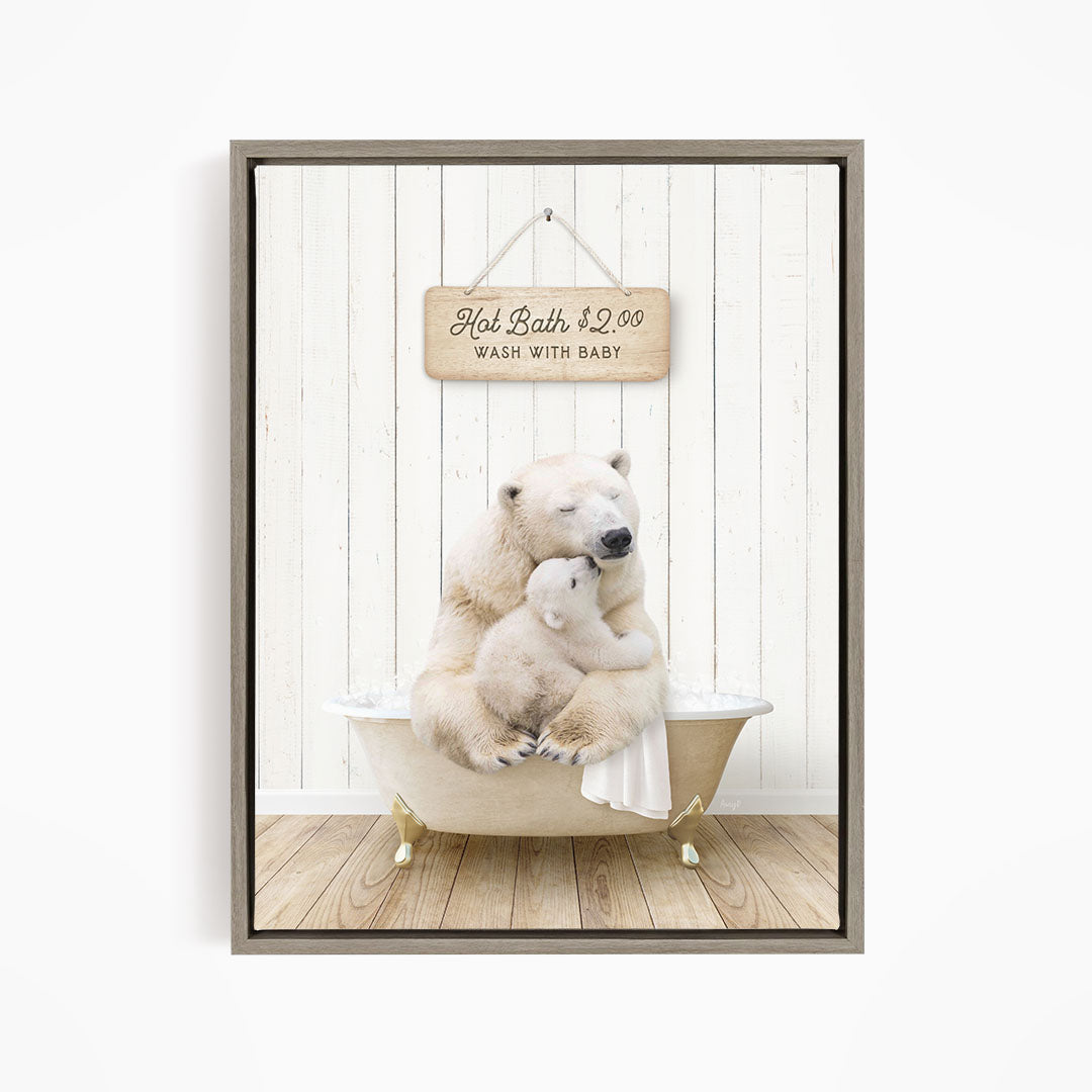 A polar bear and its cub sitting in a bathtub, with a sign above them that reads "Hot Bath $2.00 WASH WITH BABY".
