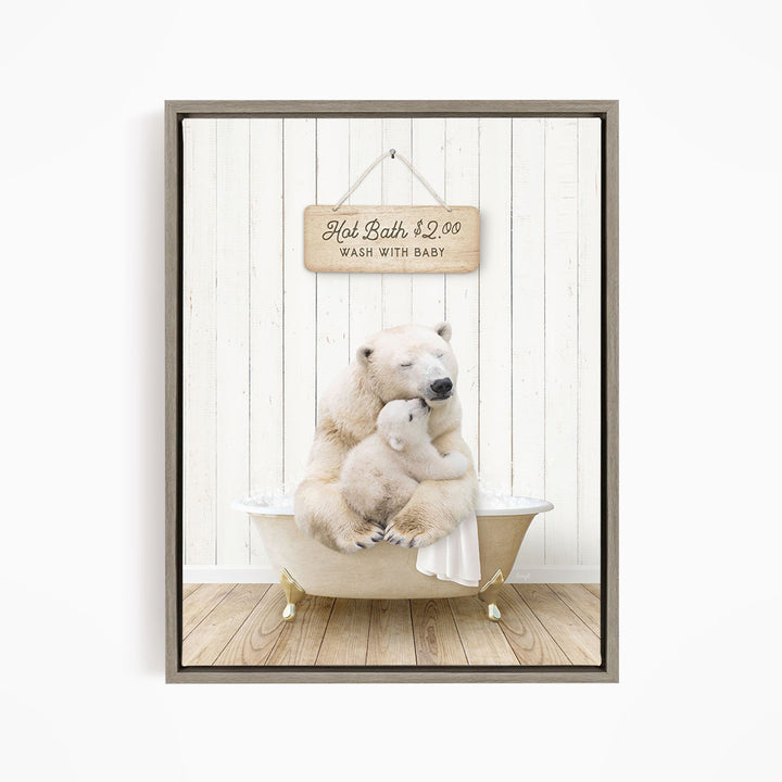 A polar bear and its cub sitting in a bathtub, with a sign above them that reads "Hot Bath $2.00 WASH WITH BABY".