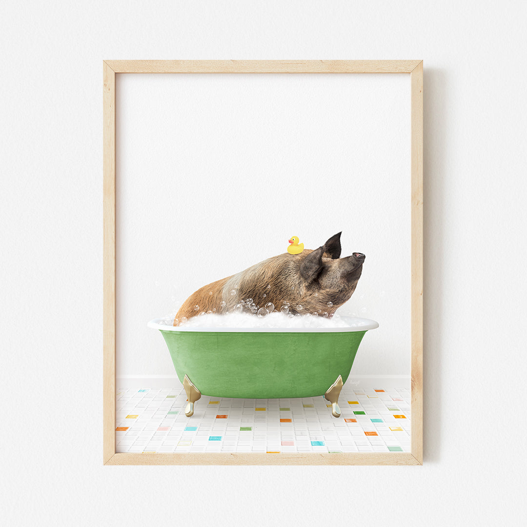 a dog taking a bath in a green bathtub