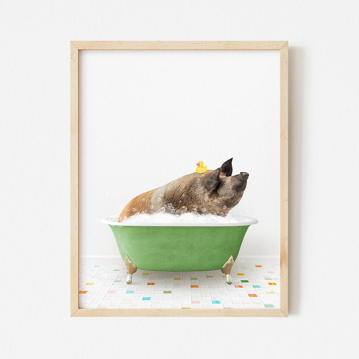 a dog taking a bath in a green bathtub