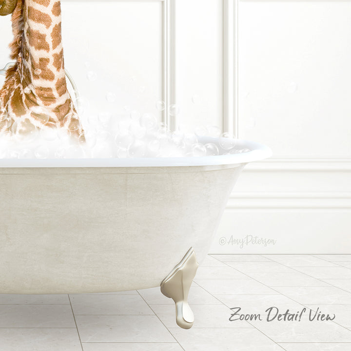 A giraffe standing in a bathtub filled with bubbles, with a white wall and tiled floor in the background.