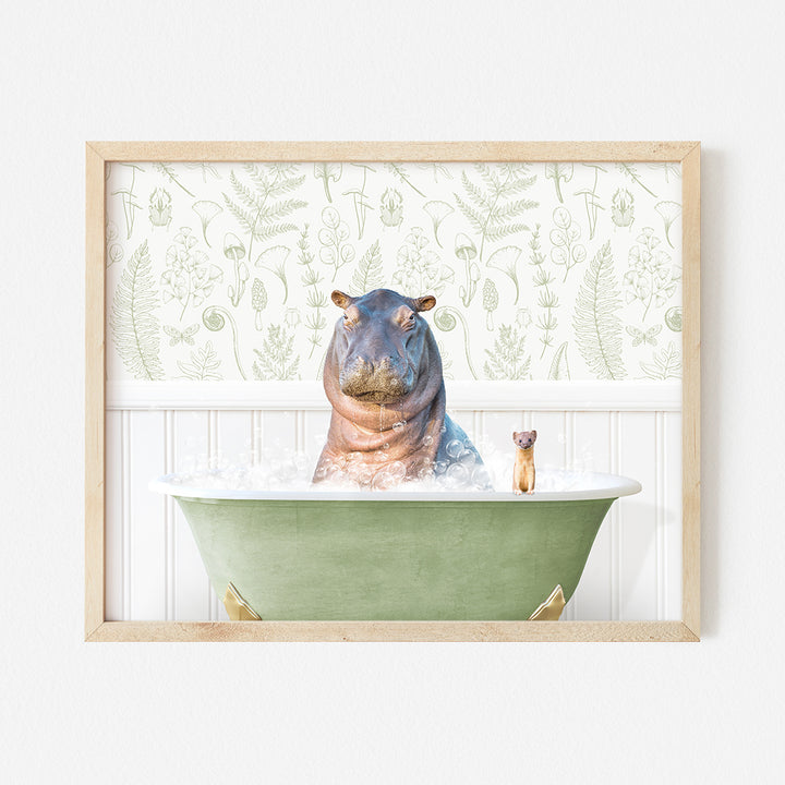 a hippopotamus in a bathtub with a cat