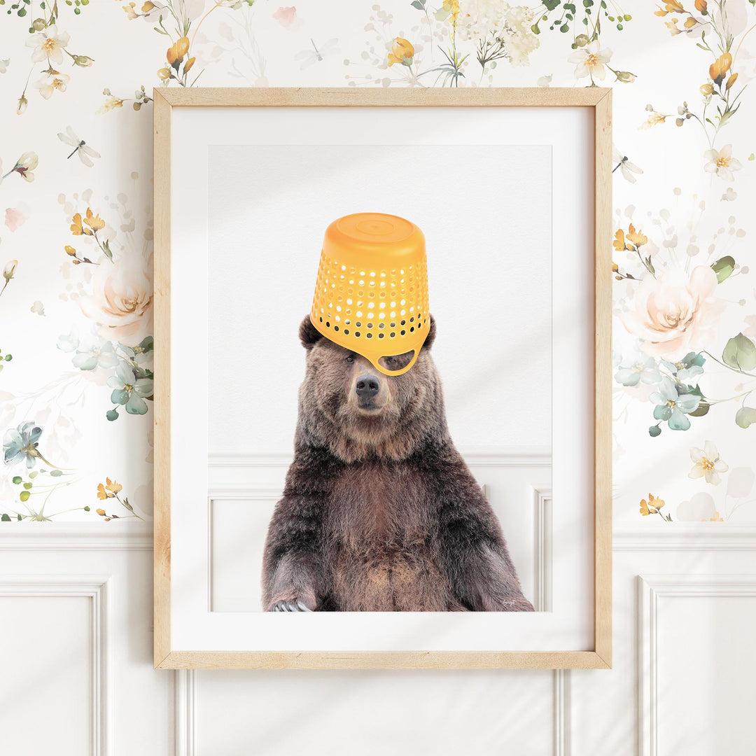 a picture of a bear with a yellow hat on it's head