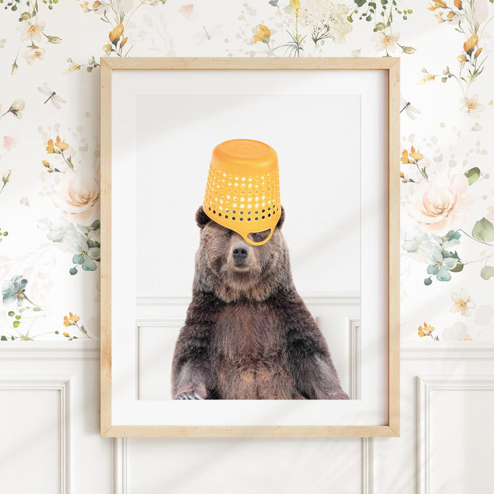 a picture of a bear with a yellow hat on it's head