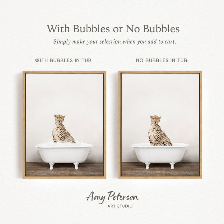 The image is a collage of two pictures, each featuring a cheetah sitting in a bathtub. The first picture shows the cheetah sitting in the tub with bubbles, while the second picture shows the cheetah sitting in the tub without bubbles.