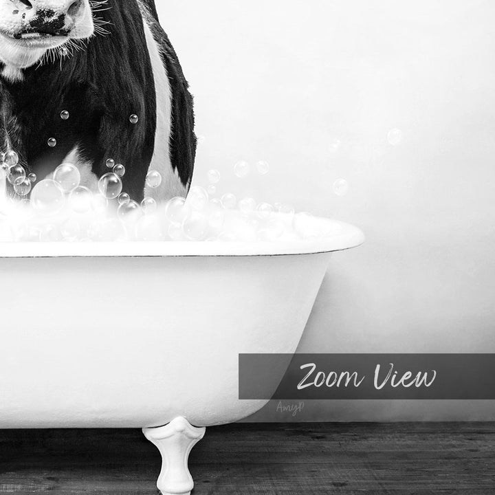 A black and white image of a dog standing in a bathtub filled with bubbles, with the text "Zoom View" overlaid on the image.
