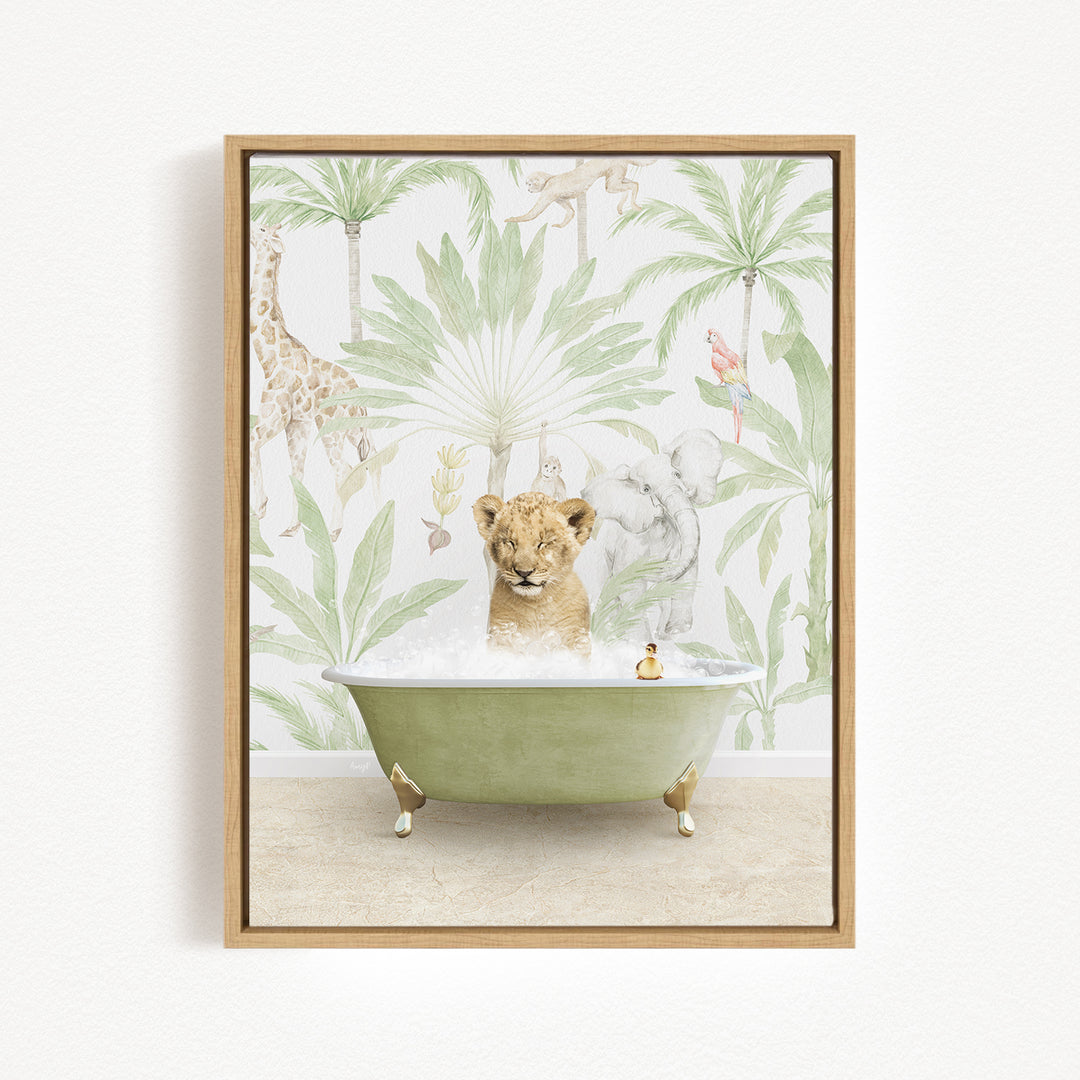 A young lion cub is sitting in a green bathtub, surrounded by tropical foliage and animals, creating a whimsical and playful scene.