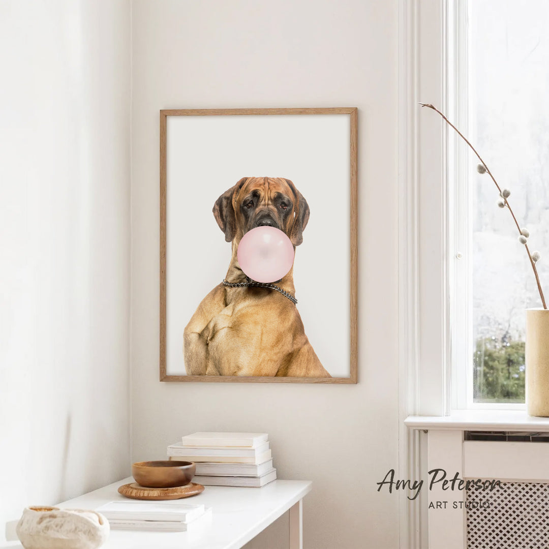 A framed photograph of a dog holding a pink bubble gum bubble in its mouth, hanging on a white wall in a room with a white table and a window.