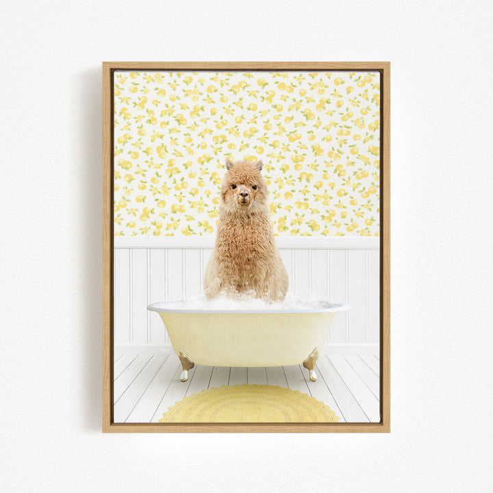 A fluffy brown dog sitting in a white bathtub filled with bubbles, surrounded by a yellow floral patterned wall.