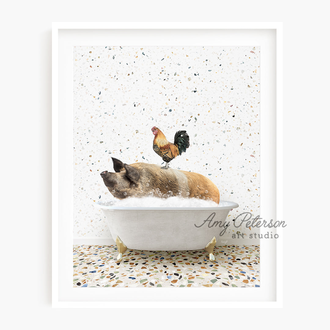 a dog in a bathtub with a chicken on top of it