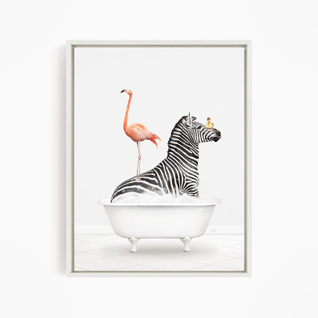 A zebra is sitting in a white bathtub, with a flamingo standing on its back and a bird perched on its head.