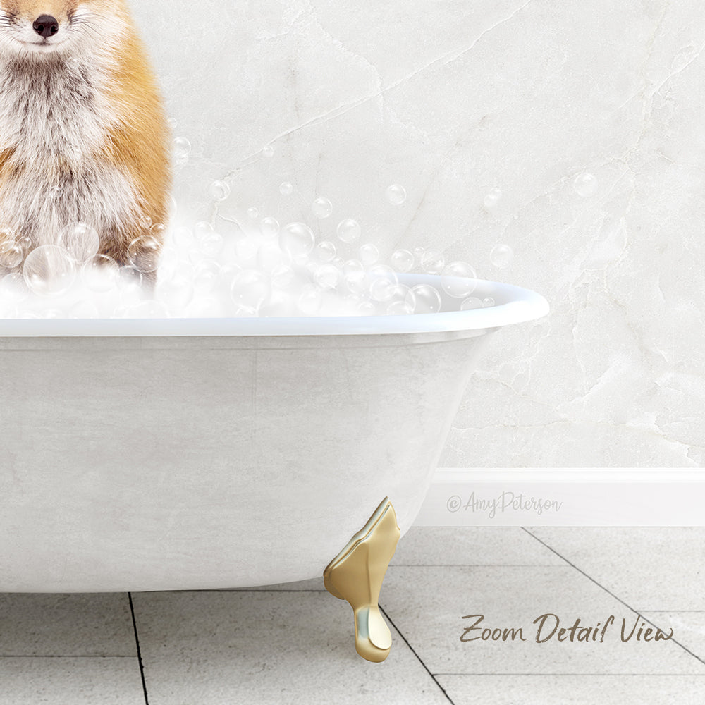 A dog is sitting in a white bathtub filled with bubbles, with a text overlay that reads "Zoom Detail View".