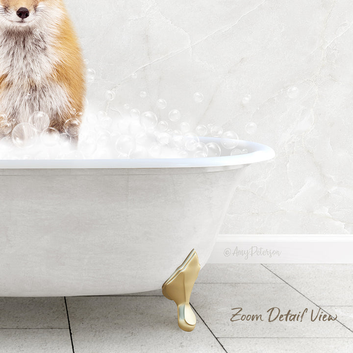 A dog is sitting in a white bathtub filled with bubbles, with a text overlay that reads "Zoom Detail View".