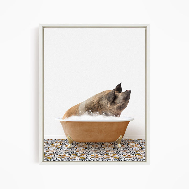 A pig sitting in a bathtub filled with bubbles, looking up at the camera.
