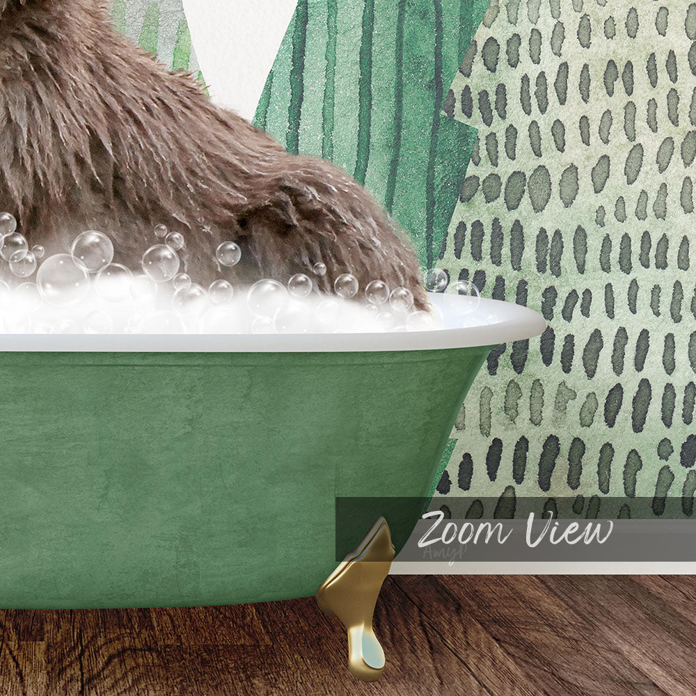 A brown dog is sitting in a green bathtub filled with bubbles, with a patterned wall in the background.