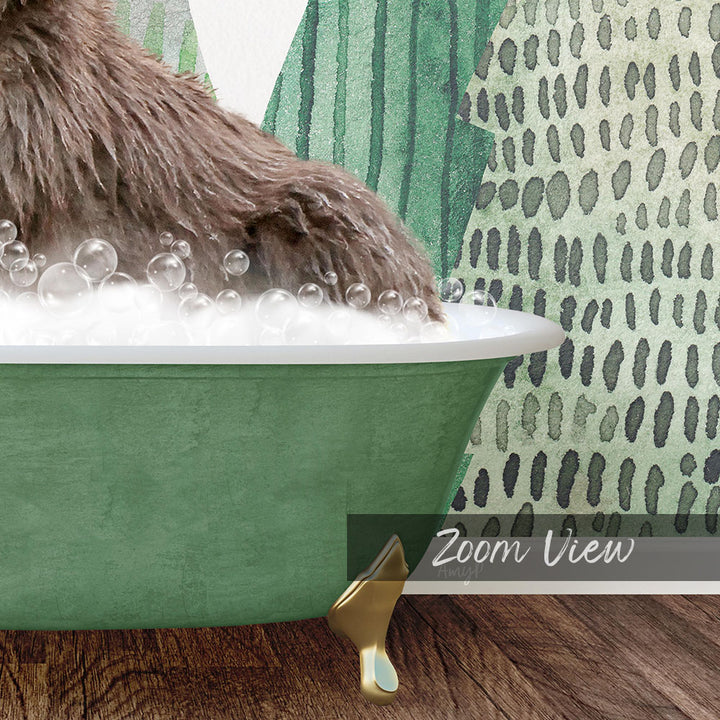 A brown dog is sitting in a green bathtub filled with bubbles, with a patterned wall in the background.