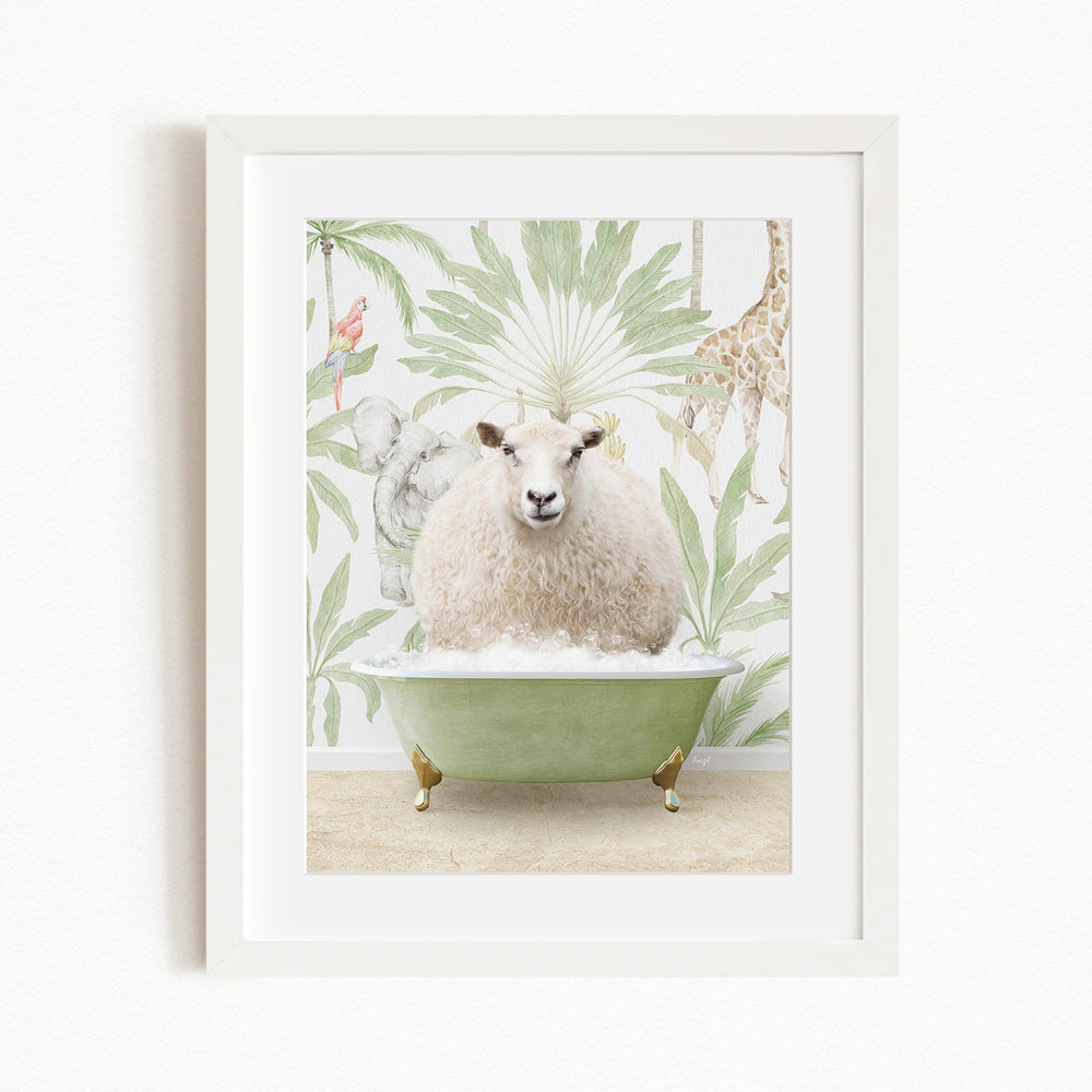 A white sheep sits in a green bathtub, surrounded by a tropical wallpaper with various animals, including a giraffe and a monkey.