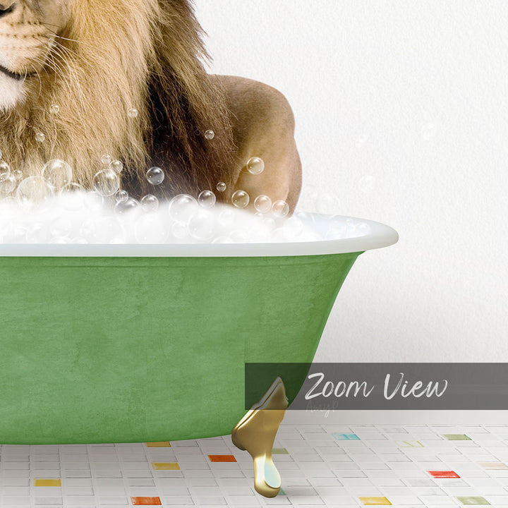 A lion is sitting in a green bathtub filled with bubbles, creating a whimsical and playful scene.