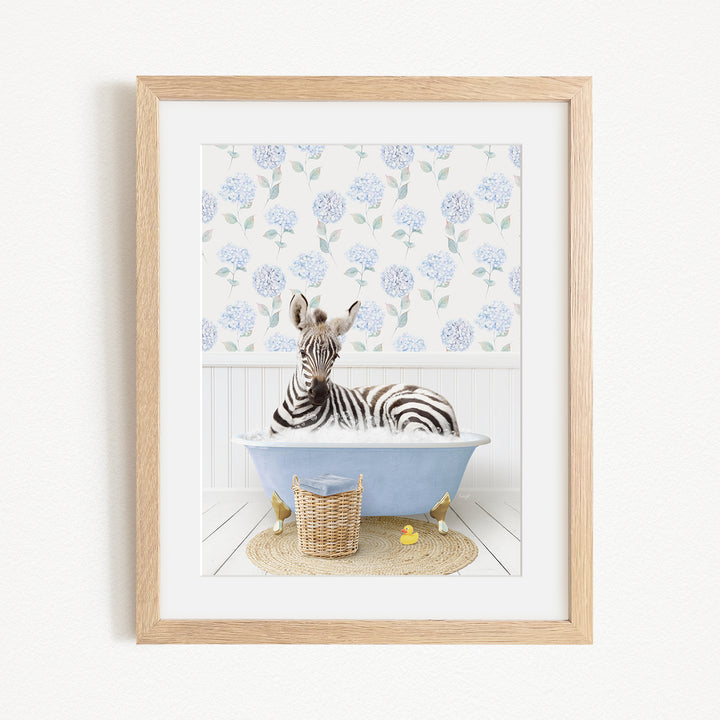 A zebra is sitting in a blue bathtub filled with water, surrounded by a wicker basket and yellow rubber ducks.