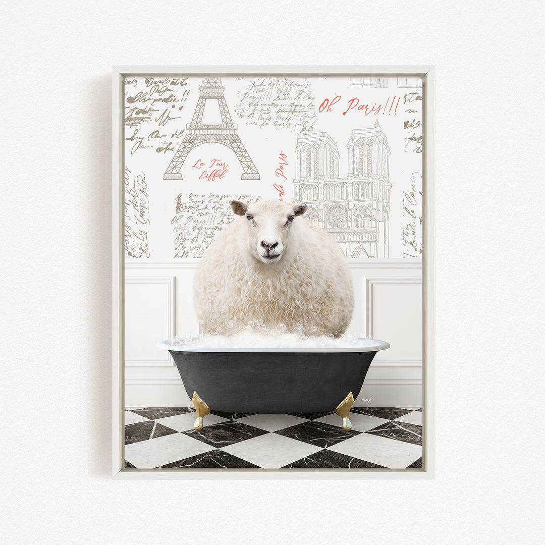 A fluffy white sheep is sitting in a black bathtub, surrounded by a checkered floor and a wall with the Eiffel Tower and other Parisian landmarks.