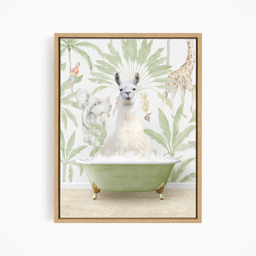 A white llama sitting in a green bathtub, surrounded by tropical plants and animals, including a giraffe and a parrot.