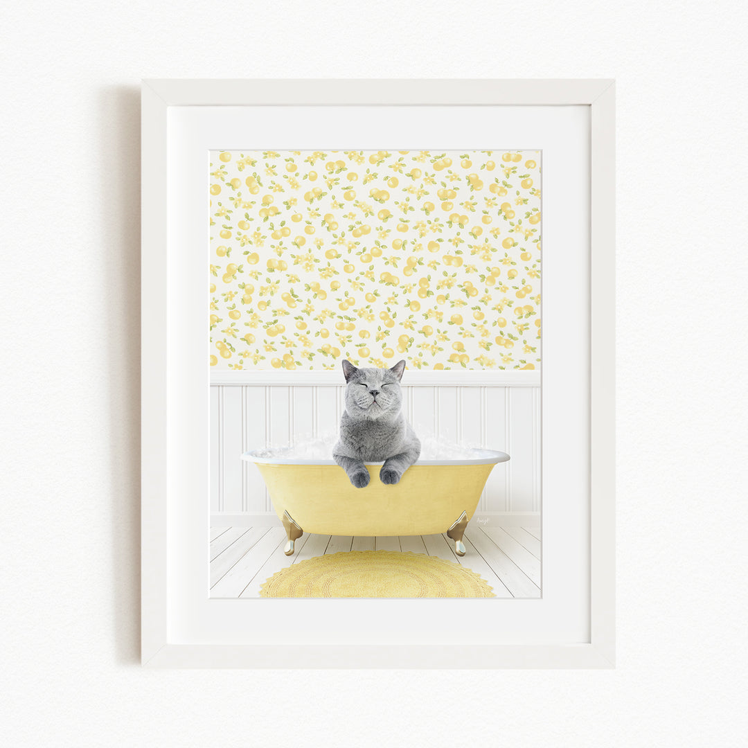 A gray cat sitting in a yellow bathtub, with a yellow floral wallpaper in the background.