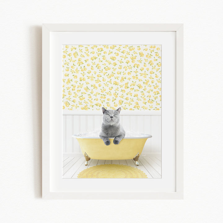 A gray cat sitting in a yellow bathtub, with a yellow floral wallpaper in the background.