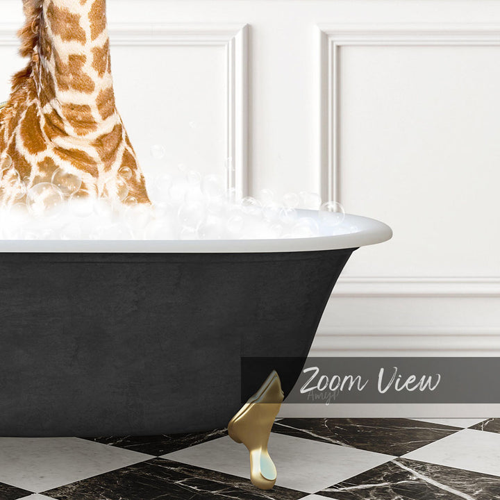 A giraffe standing in a bathtub filled with bubbles, with a black and white checkered floor and a gold bathtub leg visible.