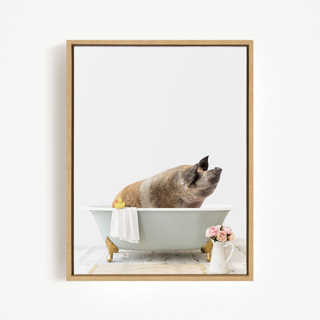 A pig sitting in a bathtub, surrounded by flowers and a yellow rubber duck.