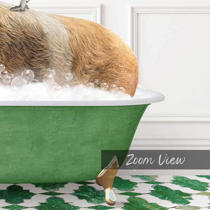 A dog is sitting in a green bathtub filled with bubbles, with its paw resting on the edge of the tub.
