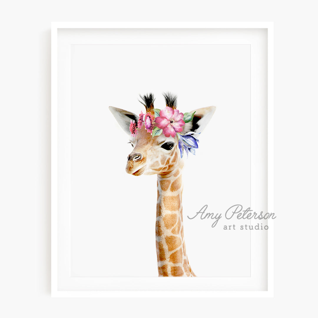 a giraffe with a flower crown on its head