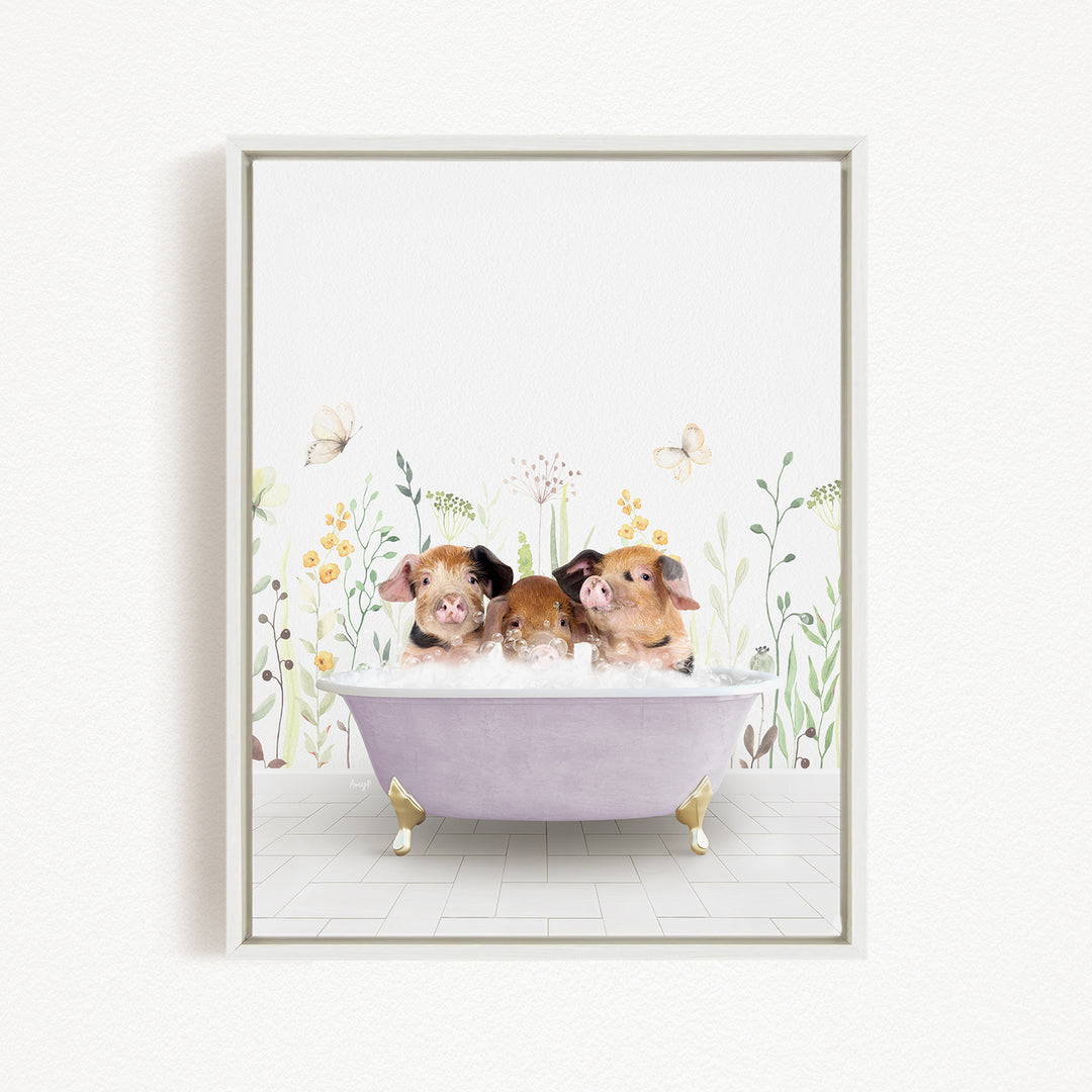 Three adorable pigs sitting in a purple bathtub, surrounded by flowers and butterflies.