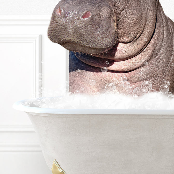 a hippopotamus sitting in a bathtub full of bubbles