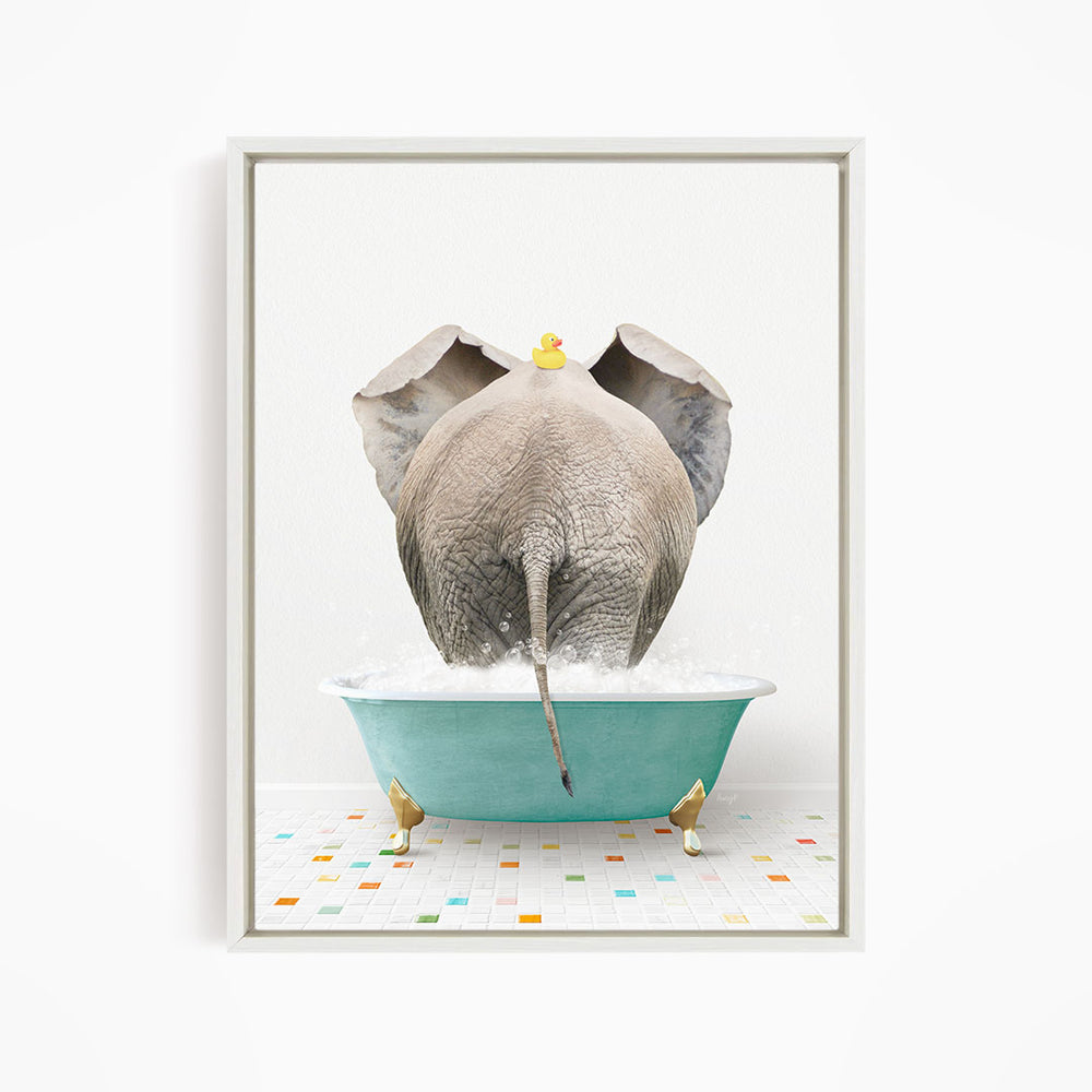 A gray elephant is standing in a blue bathtub filled with water, with a yellow rubber duck perched on its head.