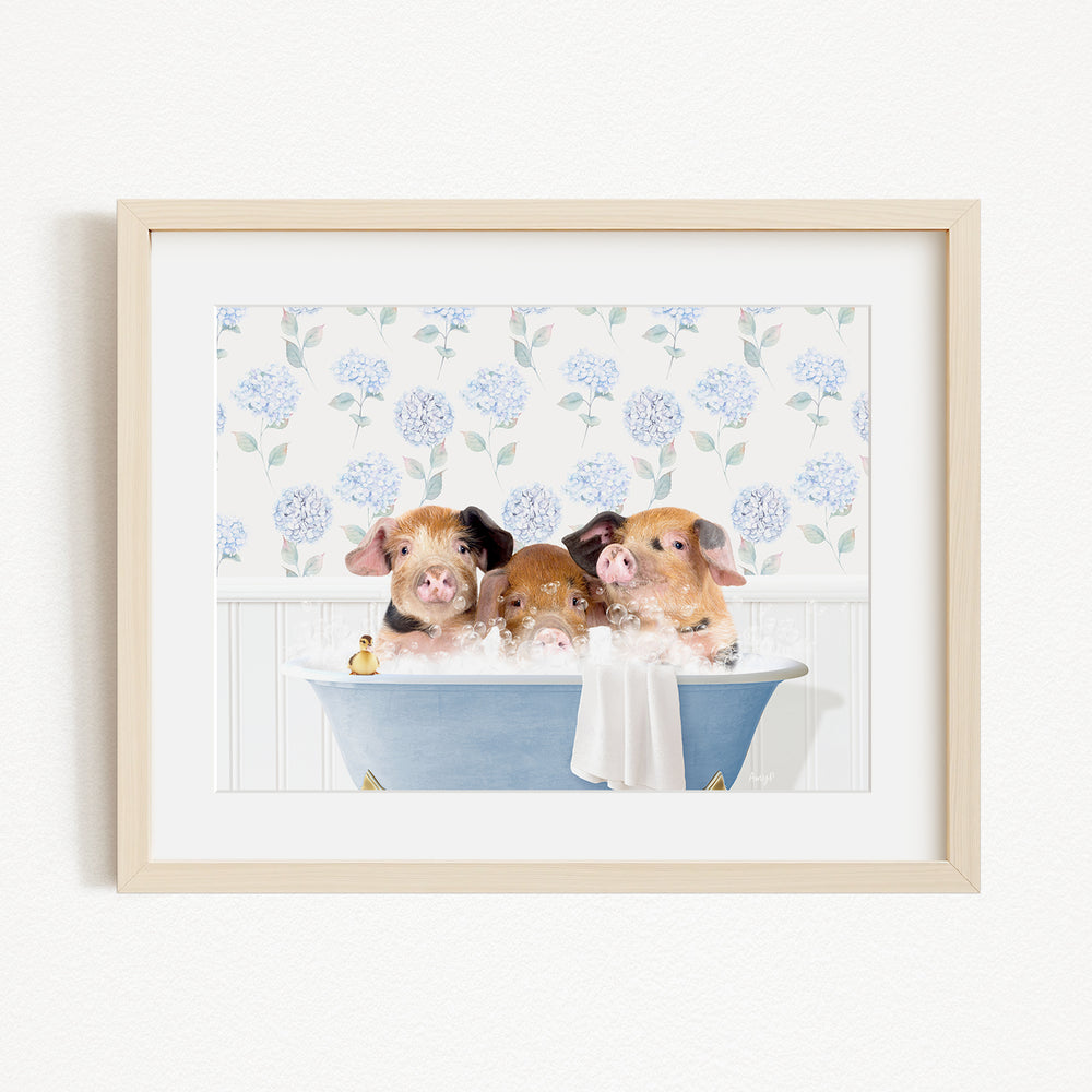 Three adorable pigs sitting in a blue bathtub, enjoying a relaxing bath together.