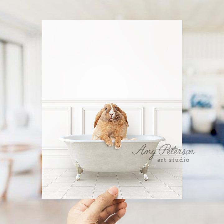 a person holding up a card with a rabbit in a bathtub