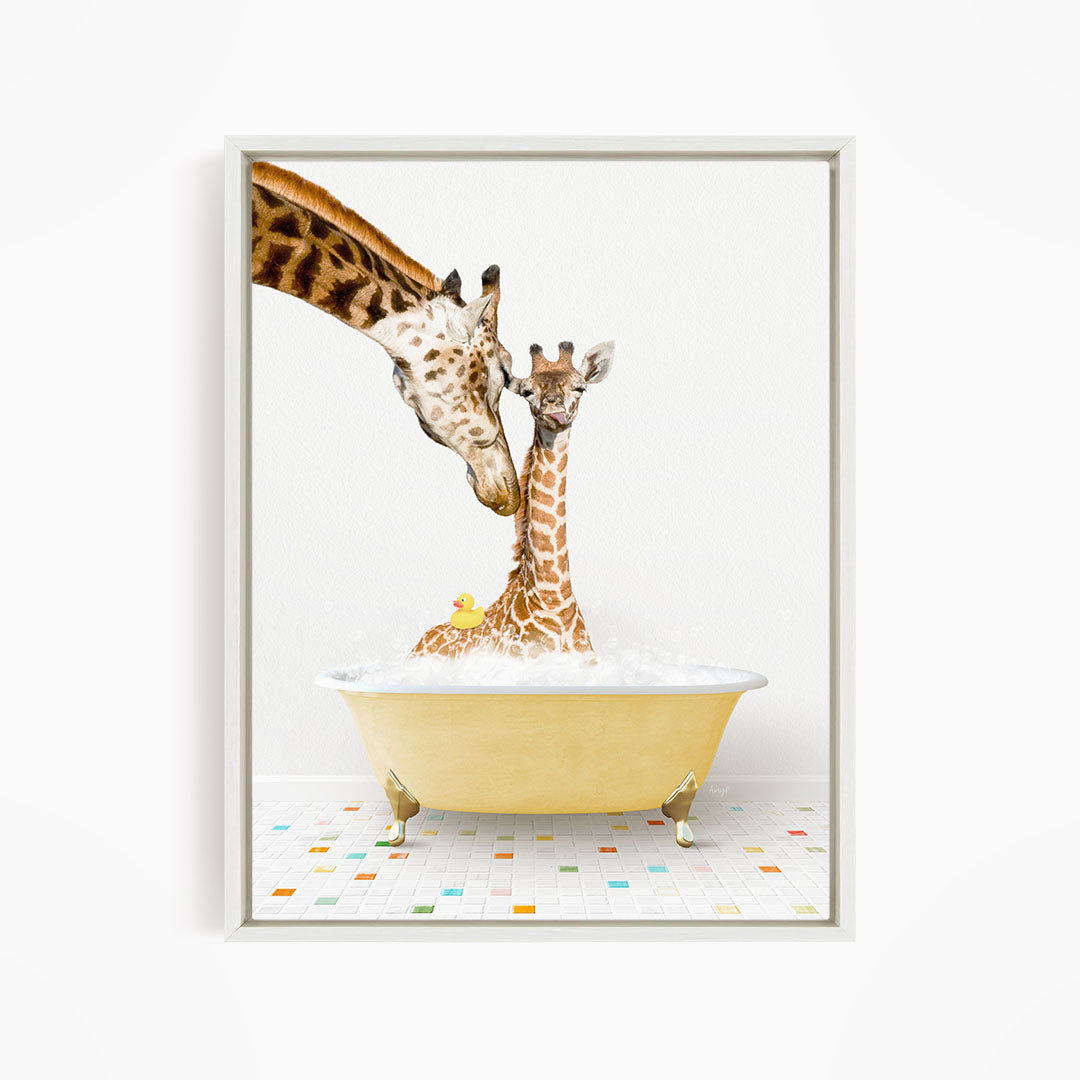 A mother giraffe and her baby giraffe are enjoying a bath together in a yellow bathtub, surrounded by colorful tiles on the floor.