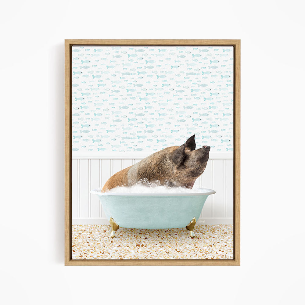 A pig sitting in a bathtub filled with water, surrounded by a patterned wall.
