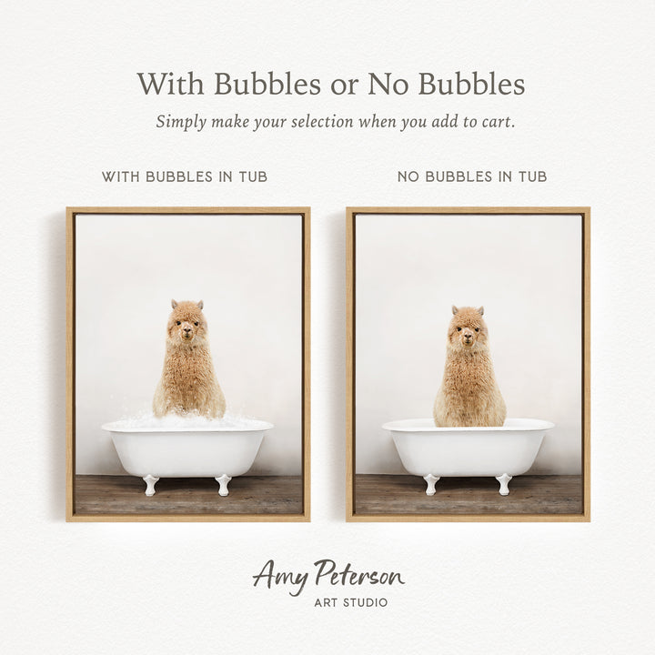 The image is a collage of two pictures, each featuring a small brown dog sitting in a white bathtub. The dog appears to be enjoying a bath, surrounded by bubbles. The collage is titled "With Bubbles or No Bubbles" and is created by Amy Peterson from Art Studio.