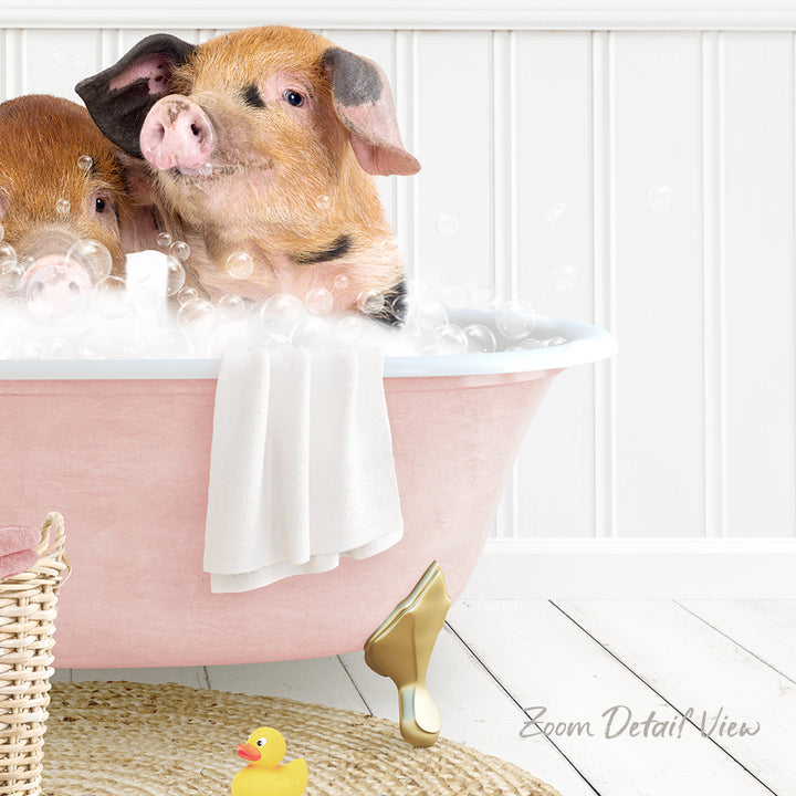 A pink bathtub filled with bubbles, where two adorable pigs are enjoying a bath together.