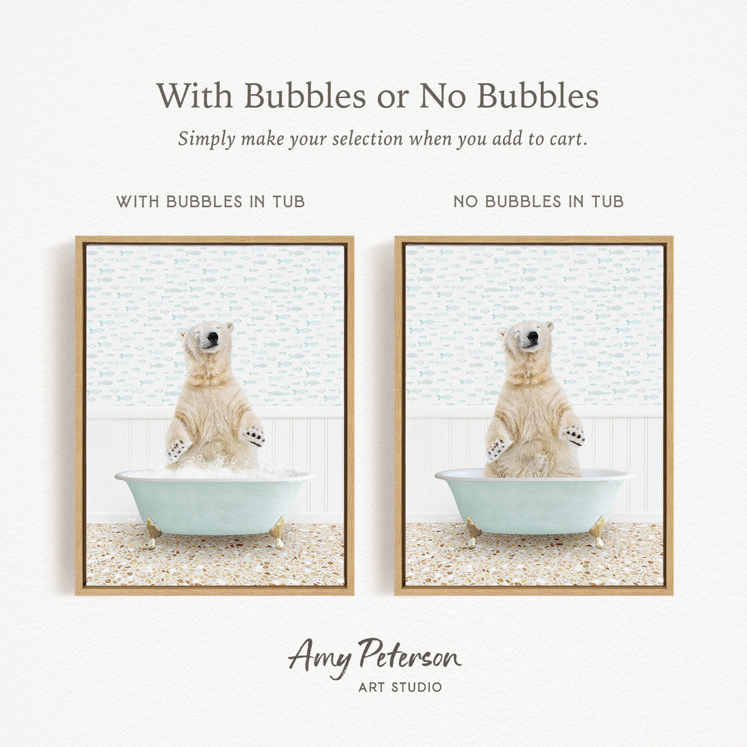The image is a collage of two pictures featuring a polar bear sitting in a bathtub. The polar bear is sitting upright, with its paws in the water, and appears to be enjoying the bath. The image does not contain any text, and the polar bear is the main subject.